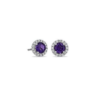 Amethyst and Micropavé Diamond Stud Earrings in 18k White Gold (5mm)
