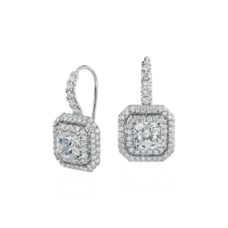 Cushion-Cut Diamond Double Halo Drop Earrings in 18k White Gold (2 1/2 ct. tw.)