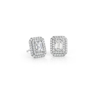 Emerald-Cut Diamond Double Halo Stud Earrings in 18k White Gold (1 1/2 ct. tw.)