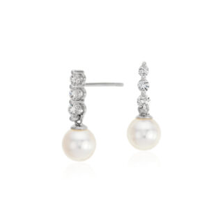 Akoya Cultured Pearl and Diamond Drop Earrings in 18k White Gold (6.5mm)