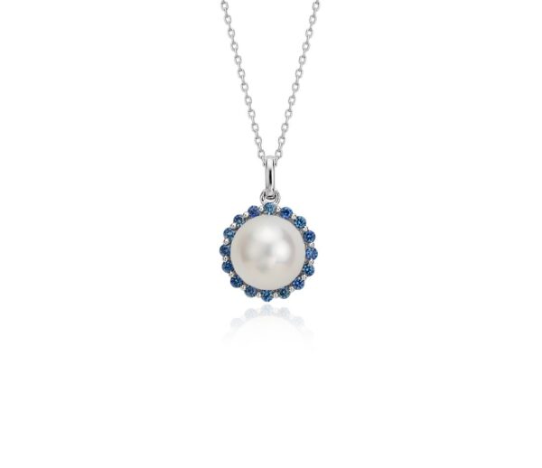 Freshwater Cultured Pearl and Sapphire Pendant in 14k White Gold (8mm)
