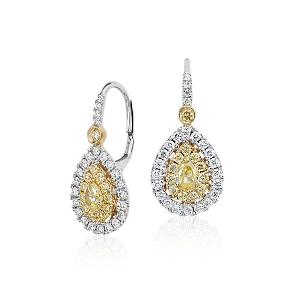 Pear-Shaped Yellow Diamond Double Halo Drop Earrings in 18k White and Yellow Gold (1.25 ct. tw.)