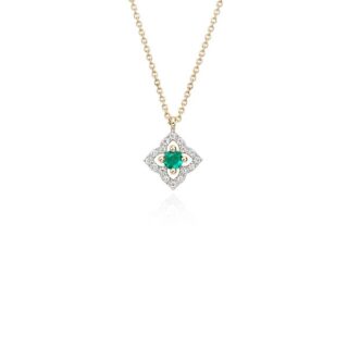 Petite Emerald and Diamond Floral Pendant in 14k Yellow Gold (2.8mm)