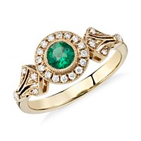 Emerald and Diamond Halo Vintage-Inspired Milgrain Ring in 14k Yellow Gold (4mm)