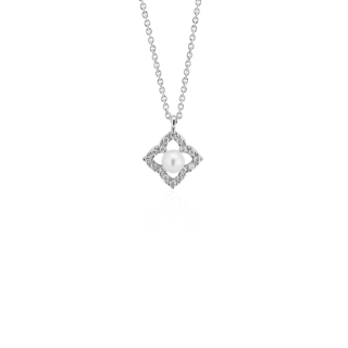 Petite Floral Freshwater Cultured Pearl and Diamond Pendant in 14k White Gold