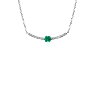 Petite Emerald and Diamond Curved Bar Necklace in 14k White Gold (3.5mm)
