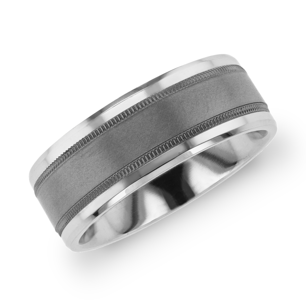 Beveled Edge Wedding Ring with Milgrain Inlay in Tantalum and 14k White Gold (8mm)