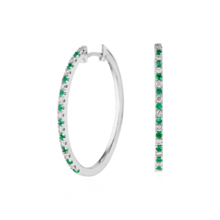 Emerald and Diamond Oval Hoop Earrings in 14k White Gold (1.4mm)
