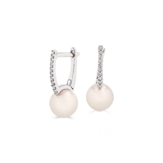 Freshwater Cultured Pearl Huggie Earrings with Diamond Detail in 14k White Gold (7.5-8mm)