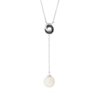 Freshwater Cultured Pearl Drop Pendant with Black Diamond Love Knot in 14k White Gold (7.5-8mm)