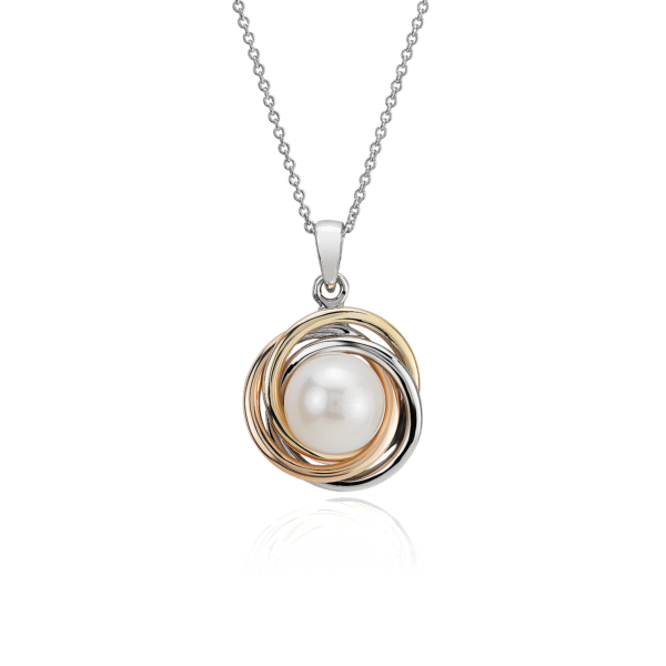 Tri-Color Love Knot Pendant with Freshwater Cultured Pearl in 14k White