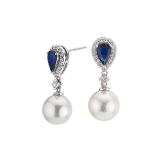 Classic Akoya Cultured Pearl Drop Earrings with Sapphire and Diamond Detail in 14k White Gold (8-8.5mm)