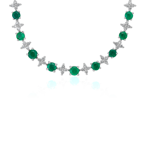 Emerald & Diamond Graduated Eternity Necklace in 18k White Gold (2.4mm)