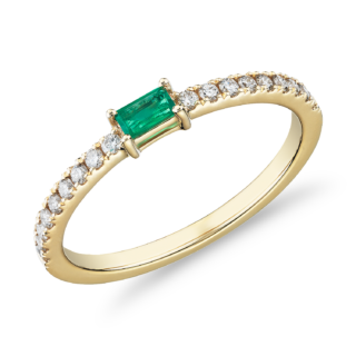 Baguette Emerald and Diamond Pavé Stacking Ring in 14k Yellow Gold (3.5x2mm)