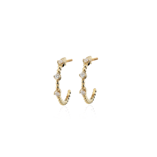 Mini Diamond Three-Stone Beaded Huggie Hoop Earrings in 14k Yellow Gold