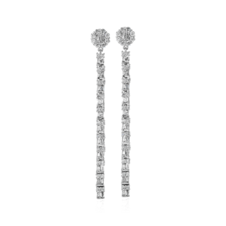 Diamond Round and Baguette Linear Drop Earrings in 14k White Gold (1 ct. tw.)