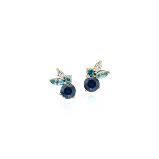 Multi-Gemstone Sapphire and Diamond Cluster Earrings in 14k Yellow Gold (4mm)