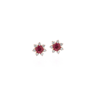 Mini Ruby Earrings with Diamond Blossom Halo in 14k Rose Gold (3.5mm)