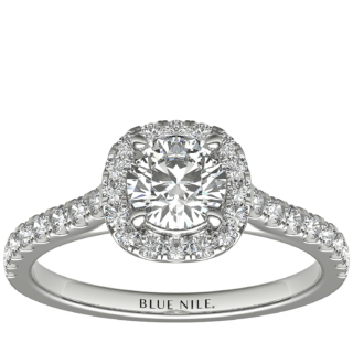 1/2 Carat Ready-to-Ship Cushion Halo Diamond Engagement Ring in 14k White Gold