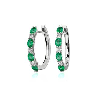 Alternating Oval Emerald and Round Diamond Small Hoop Earrings in 14k White Gold