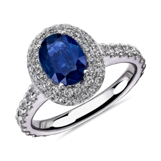Oval Sapphire and Double Halo Diamond Ring in 14k White Gold (8x6mm)