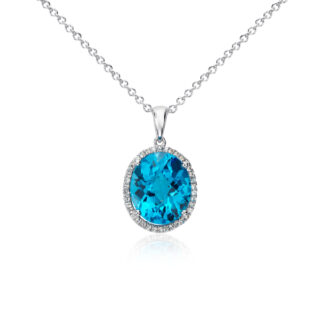 Swiss Blue Topaz and White Sapphire Halo Oval Pendant in Sterling Silver (12x10mm)