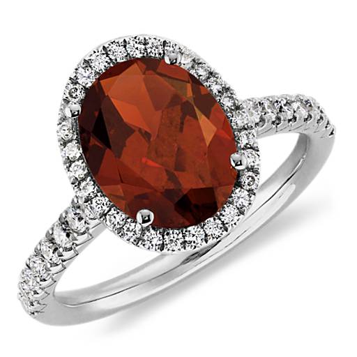 Garnet and Diamond Halo Ring in 18k White Gold (10x8mm)